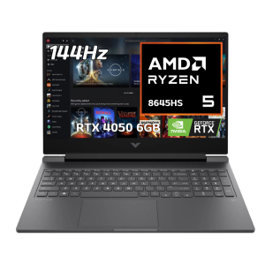 HP Victus 15 fb2082wm Gaming Laptop AMD Ryzen 5-8645HS (4.3GHz base frequency up to 5.0GHz, 16MB L3 cache, 6 Cores, 12 Threads) 8GB DDR5 RAM 512GB SSD 15.6″ FHD (1920 x 1080) 144 Hz IPS Display NVIDIA GeForce RTX 4050 6GB GDDR6 Backlit Keyboard Windows 11 Mica Silver.