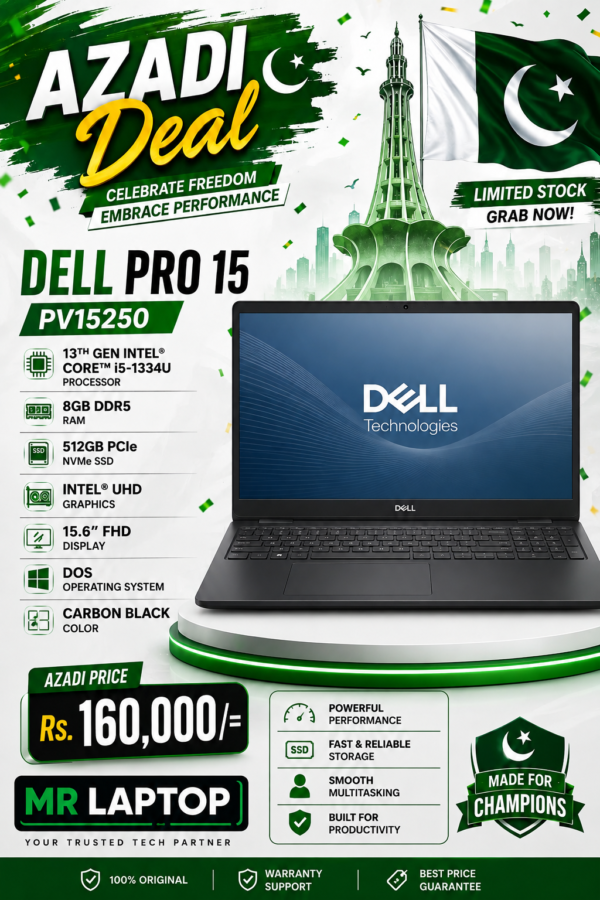 Dell Pro 15 essential PV15250 Intel Core i5 13th Generation Processor 1334U (12MB Cache, up to 4.60 GHz) 8GB DDR5 Ram 512GB SSD 15.6″ FHD Display Intel UHD Graphics DOS Carbon Black