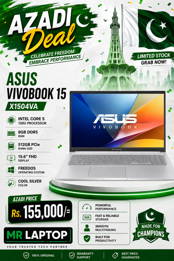 ASUS Vivobook 15 X1504VA Intel Core 5 120U Processor 8GB Ram DDR5 512GB SSD 15.6" FHD Display FreeDOS Cool Silver