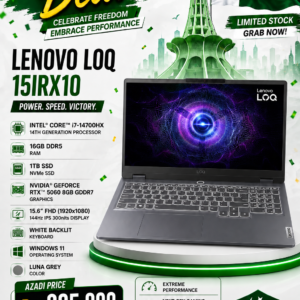 make a image of this make a image of thiS Lenovo LOQ 15IRX10 Intel Core i7-14700HX 14th Generation Processor 16GB Ram DDR5 1TB SSD NVMe NVIDIA GeForce RTX 5060 8GB GDDR7 15.6″ FHD (1920×1080) 144Hz IPS 300nits Display White Backlit Windows 11 Luna Grey. RS 145000 same has this image rs 395,000 same has this imaGE