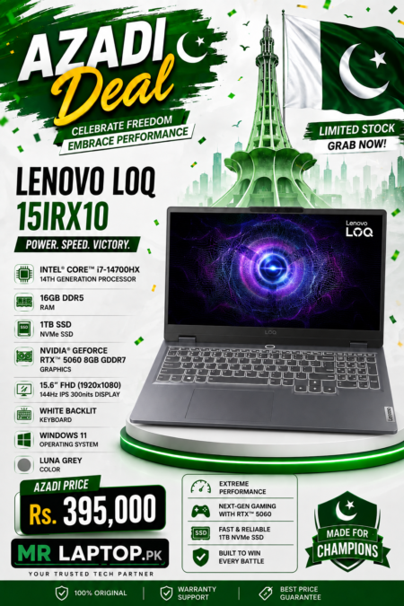 make a image of this make a image of thiS Lenovo LOQ 15IRX10 Intel Core i7-14700HX 14th Generation Processor 16GB Ram DDR5 1TB SSD NVMe NVIDIA GeForce RTX 5060 8GB GDDR7 15.6″ FHD (1920×1080) 144Hz IPS 300nits Display White Backlit Windows 11 Luna Grey. RS 145000 same has this image rs 395,000 same has this imaGE