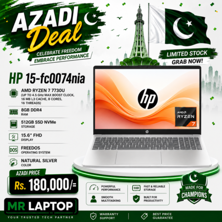 HP Laptop 15-fc0074nia AMD Ryzen 7 7730U (up to 4.5 GHz max boost clock, 16 MB L3 cache, 8 cores, 16 threads), 8GB RAM DDR4, 512 GB SSD NVMe, 15.6” FHD Display, FreeDOS, Natural silver.