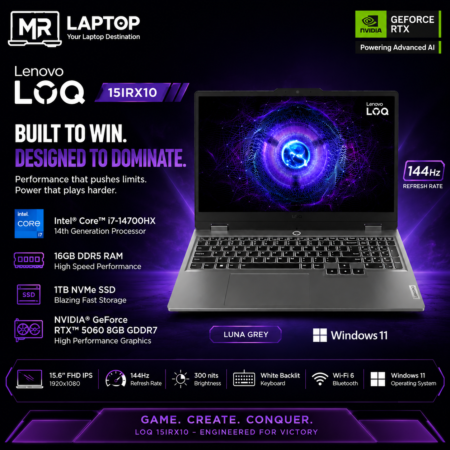 Lenovo LOQ 15IRX10 Intel Core i7-14700HX 14th Generation Processor 16GB Ram DDR5 1TB SSD NVMe NVIDIA GeForce RTX 5060 8GB GDDR7 15.6" FHD (1920x1080) 144Hz IPS 300nits Display White Backlit Windows 11 Luna Grey. 83JE00XAFU Lenovo LOQ 15IRX10 Intel Core i7-14700HX 14th Generation Processor 16GB Ram DDR5 1TB SSD NVMe NVIDIA GeForce RTX 5060 8GB GDDR7 15.6" FHD (1920x1080) 144Hz IPS 300nits Display White Backlit Windows 11 Luna Grey.