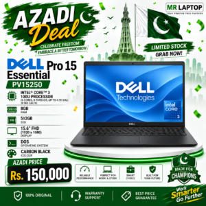 Dell Pro 15 Essential PV15250 Intel Core 3 100U (6 cores, 8 Threads, up to 4.70 GHz, 10 MB Cache) 8GB RAM 512GB SSD 15.6″ Inches FHD Display Dos Carbon Black.